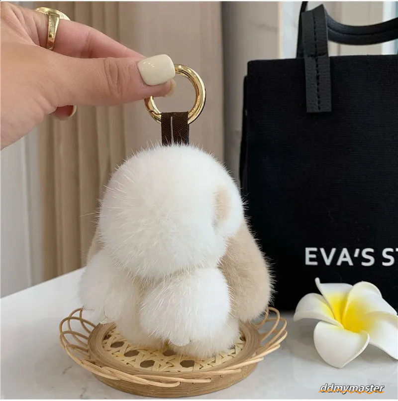 Cute Long Ear Bunny Keychain Real Mink Fur Rabbit Doll Pendant Toys Keyring Handbag Charm Ornament Pompom Plush Jewelry Gifts Y240829 Ddmymaster
