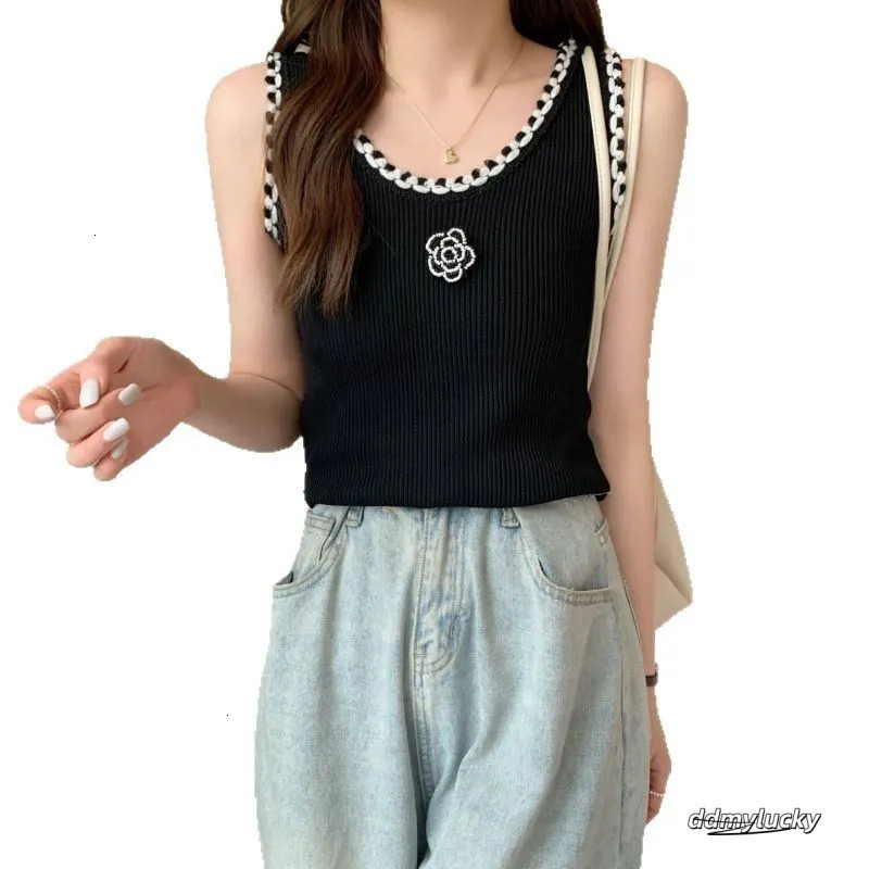 Floral Camisole Sweater - Women's Knitted Tank Top With Rose Accents For Stylish Layering Ddmylucky