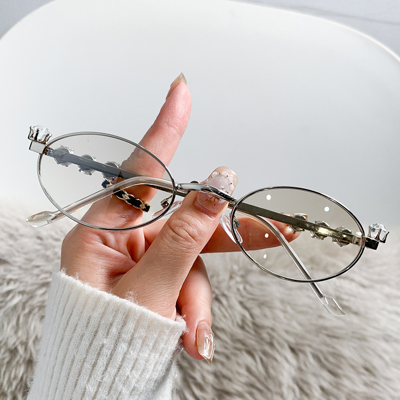 Cross-Border New Viral Street Style Sunglasses Unique Metal Y2K Diamond-Studded Oval Small-Frame Glasses Direct from Manufacturer