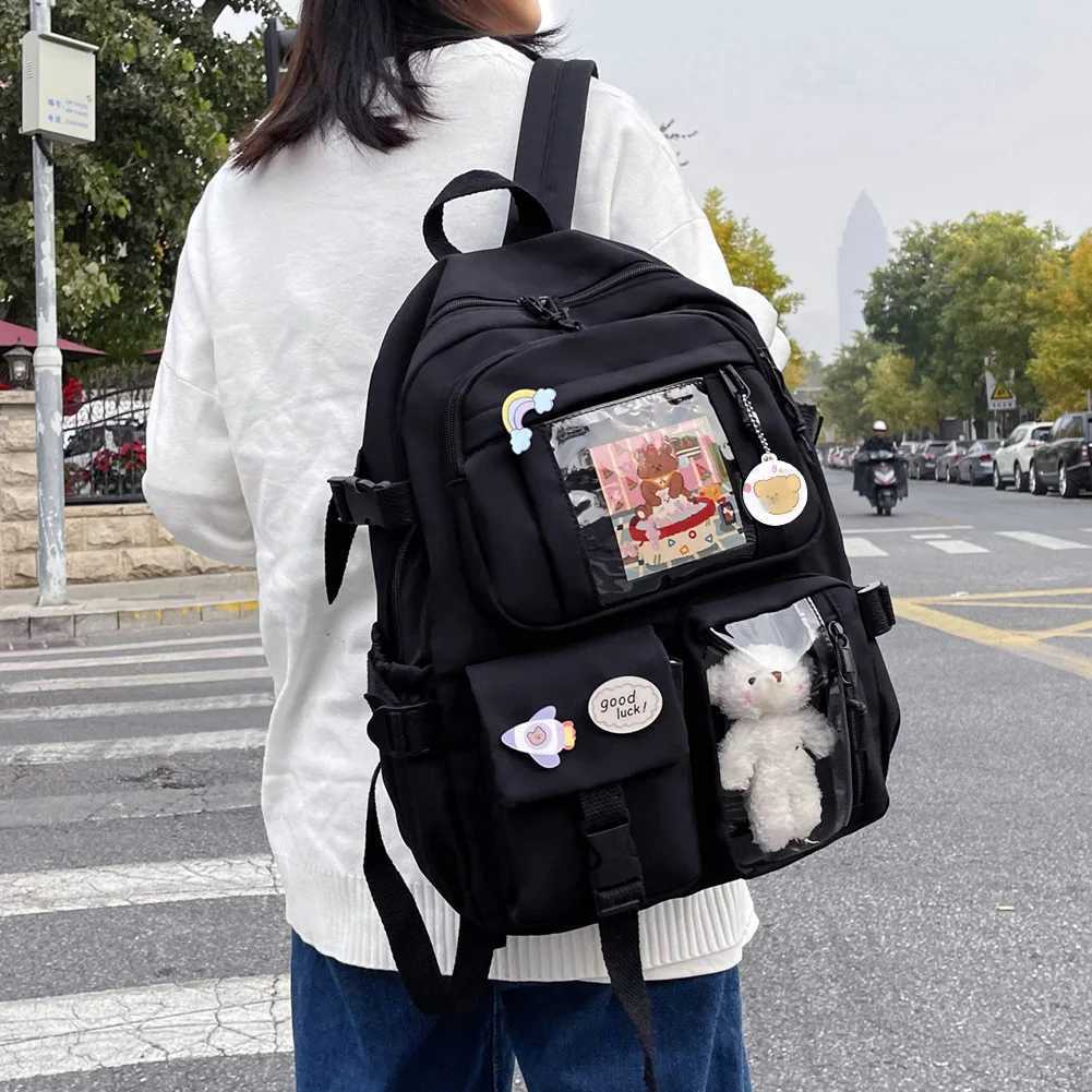 College Student Rucksack Fashion School Backpack with Plush Pendant Pin Cute Kawaii Large Capacity Japanese Style for Vacations W251025