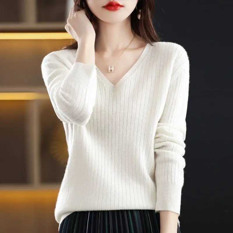 Chic Casual Autumn Winter Basic Sweater Pullovers Women Vneck Solid Knit Loose Pullover Female Long Sleeve Warm Khaki SweaterT251025