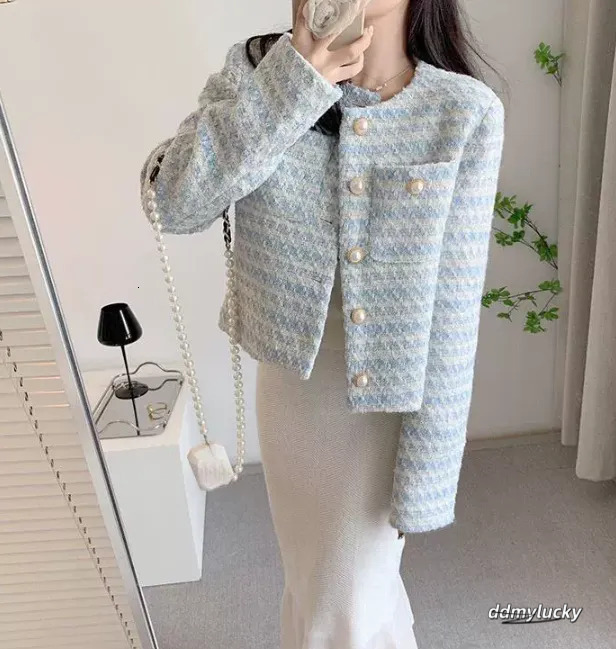 Cropped Cardigan: Elegant Single-Breasted Autumn/Winter Pearl Button Long Sleeve Outwear Top - Perfect For Chic Style, Ladies Blue Tweed Jacket Ddmylu