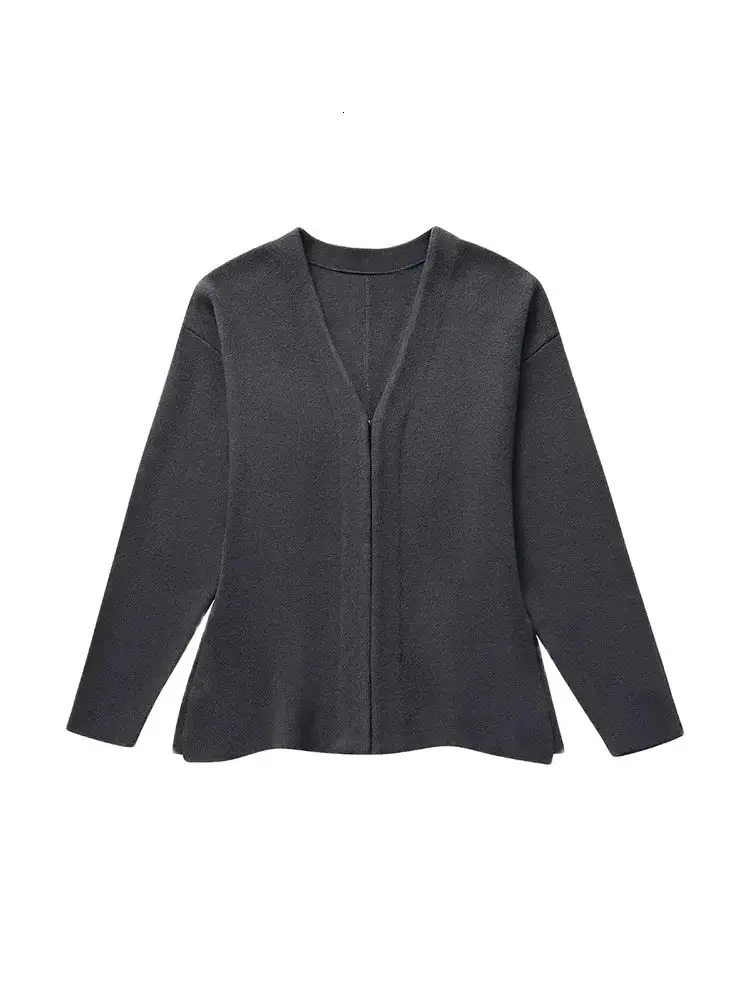 Womens Front Hook Fitted Knit Cardigan Sweater V Neck Long Sleeves Side Split Hem Female Outerwear Chic Tops Fashion 251013