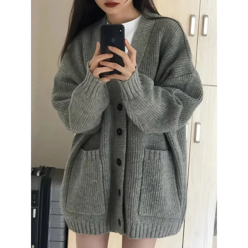Preppy Style Womens Knit Sweater Cardigan Loose Fit Vneck Versatile Solid Color Korean Version Pullovers 251013