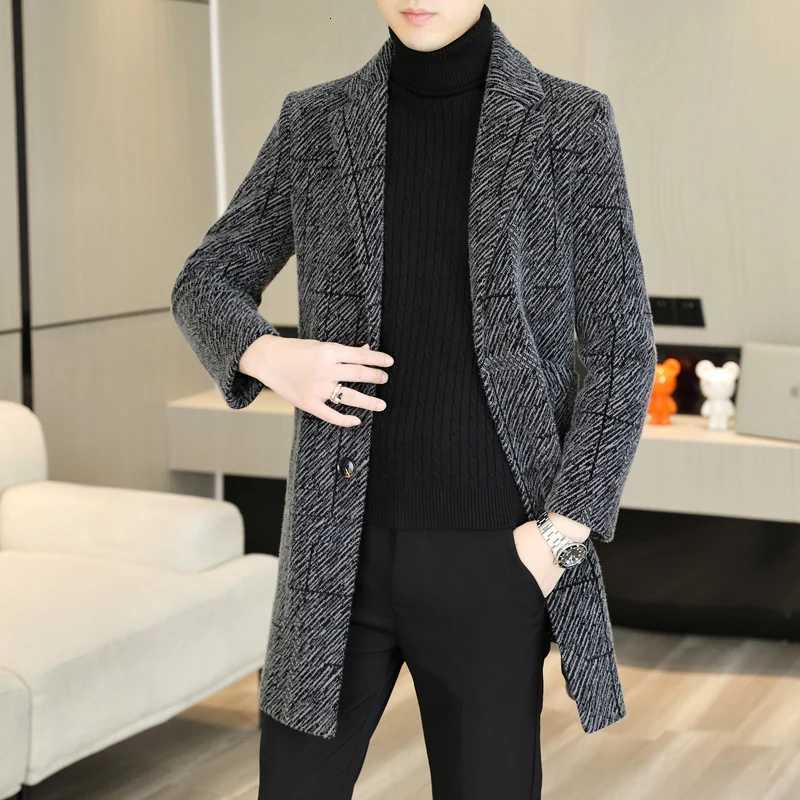 Casual Mens Striped Woolen Coats 2025 Winter Business Thicken Warm MidLength Top Overcoat Clothing Outwear Windbreaker JacketT251025
