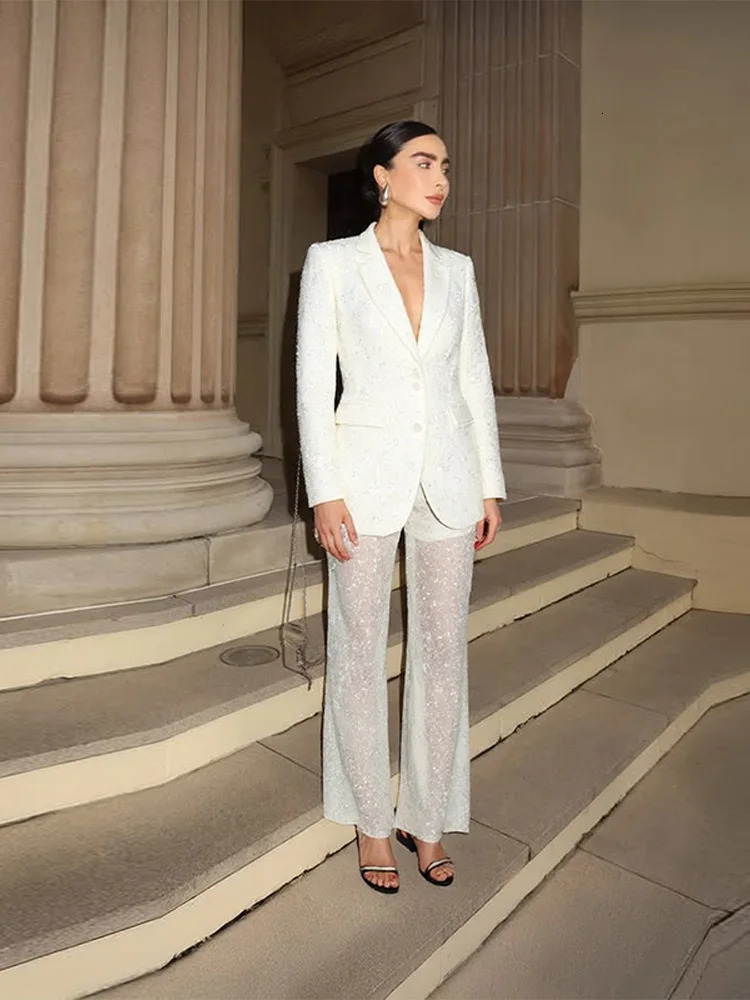 Sequins Suit Perspective Pants Casual Womans Set Lapel Glitter Loose Coat Sparkling Solid Color Straight Pants Women Chic Sets 251021