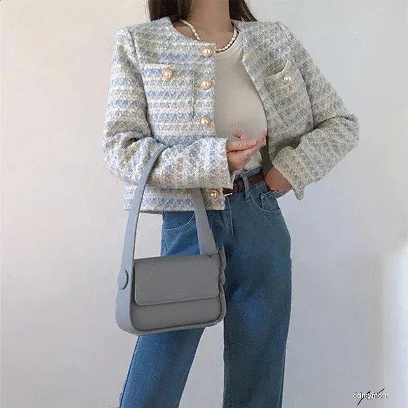 Cropped Cardigan: Elegant Single-Breasted Autumn/Winter Pearl Button Long Sleeve Outwear Top - Perfect For Chic Style, Ladies Blue Tweed Jacket Ddmymo