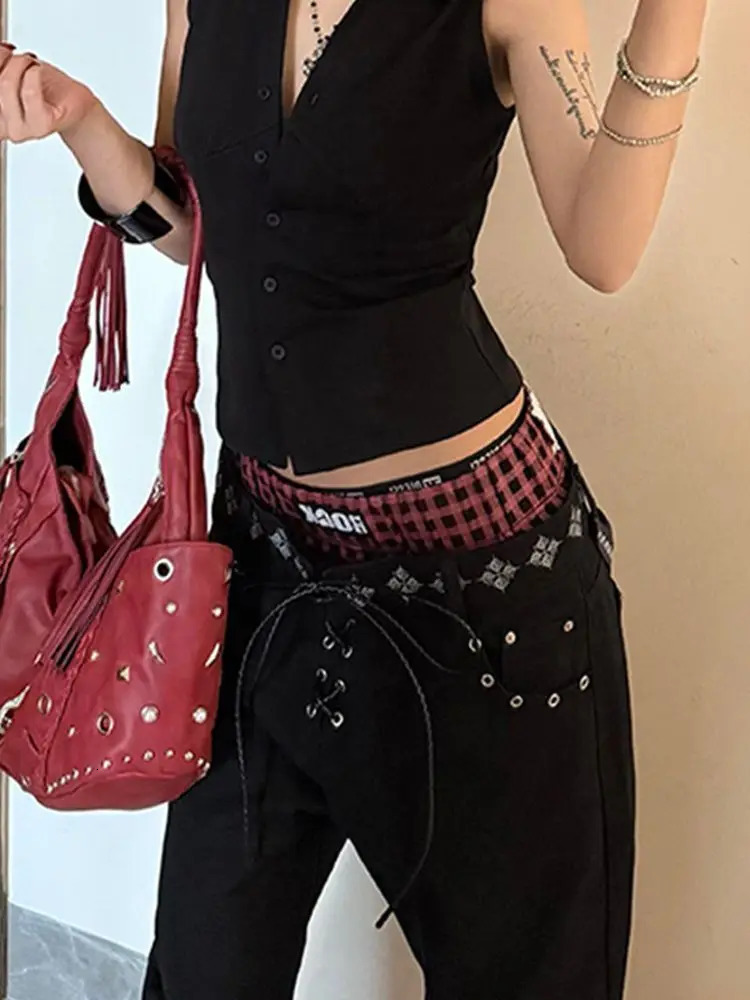 American contrasting double waist splicing drawstring print retro women jeans fashionable high street casual floor jeans 251024