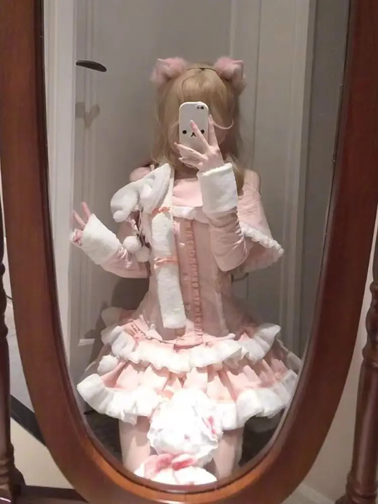 Winter Sweet Lolita Princess Kawaii Bow Pink n Slimming Womens Suit Y2k Elegant Warm Two Piece Set Japanese Outfit 251016