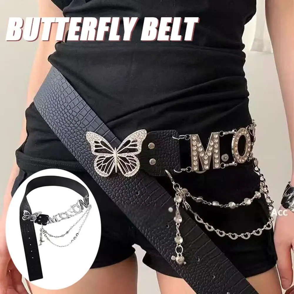 Y2k PU Waist Chain tie Letter Rhinestone Butterfly Belt Clothing Accessories Fashion Sexy Belts Trendy Waist Strap 251024