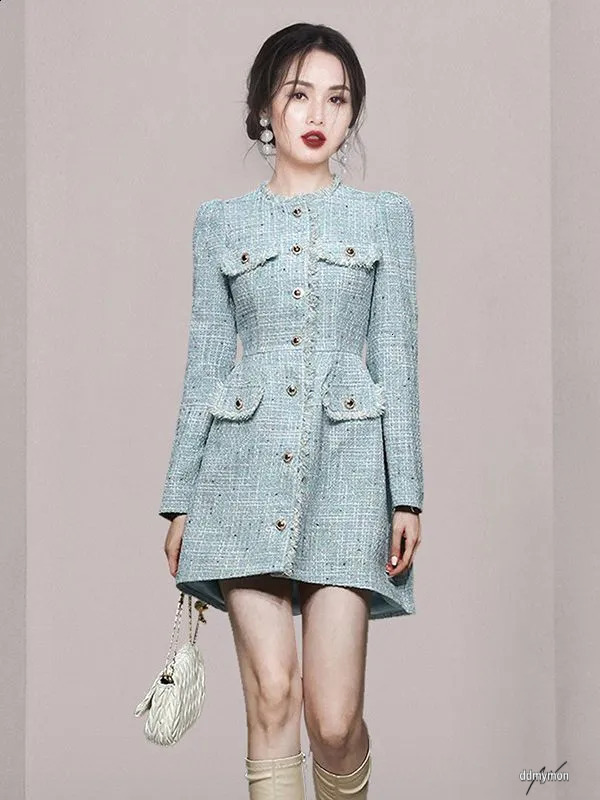Womens Autumn And Winter Pullover Round Neck Panel Button Solid Color Slimming Mid Length Flower Tweed Long Sleeved Dress 240824 Ddmymon