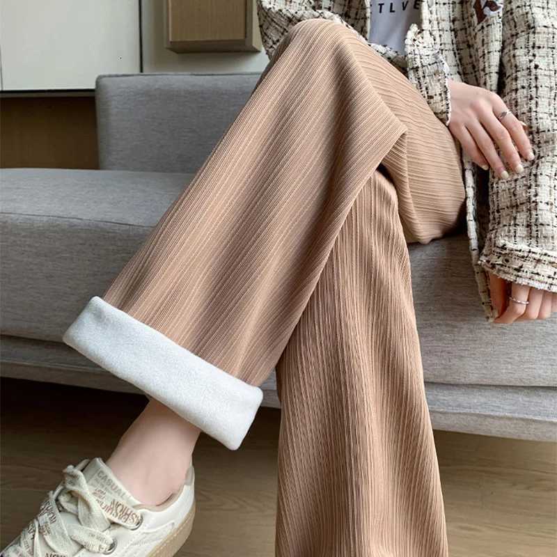 2025 Winter Fleece Lined Warm Pants Women Solid Color Wide Leg Pants Woman Comfortable Elastic High Waist Trousers FemaleT251025