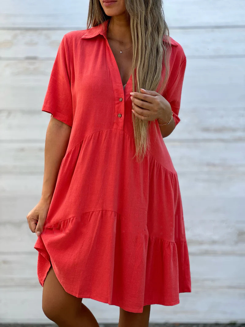 2025 Women's Loose Solid Color Turn-Down Collar Casual Short Sleeve Cotton Dress