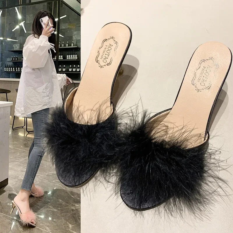 Large43 Mules Sandal Women Summer Outdoor Slippers Square Toe High Heels Office Ladies Feather Slides Chic Classics Furry Shoes 251023