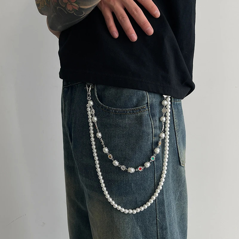 IEFB Hip Hop Pearl Flower Jeans Chain Male Female Waist Chains Double Belt Laps Clothing Accessories Rock Trend 9X103 251023