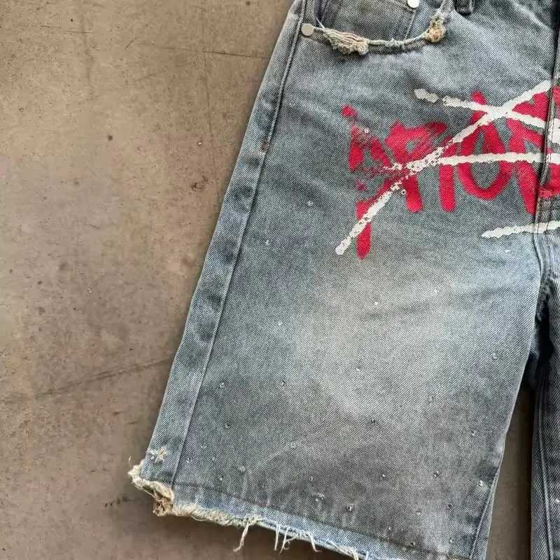 American Hip Hop Graffiti Letter Denim Shorts Tshirt Two Piece Set Y2K Suit Men Baggy Short Casual Knee Length Pants Casual TopsXJ251025