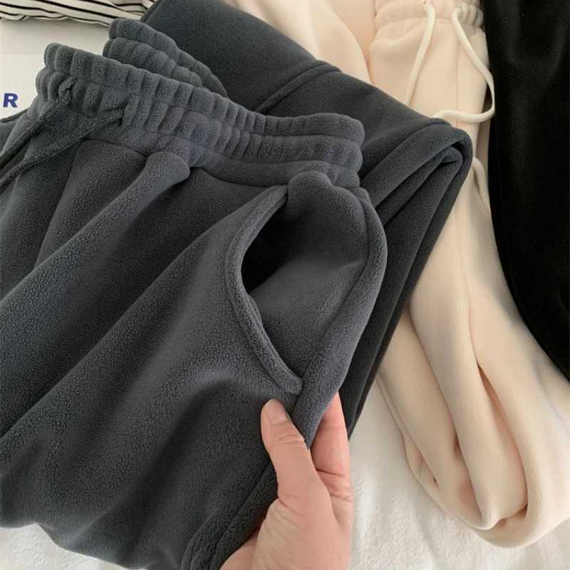 Polar Fleece Pants Women High Waist Baggy Wide Leg Sweatpants Thickening Straight Drawstring Warm Stitching Straight TrousersT251025