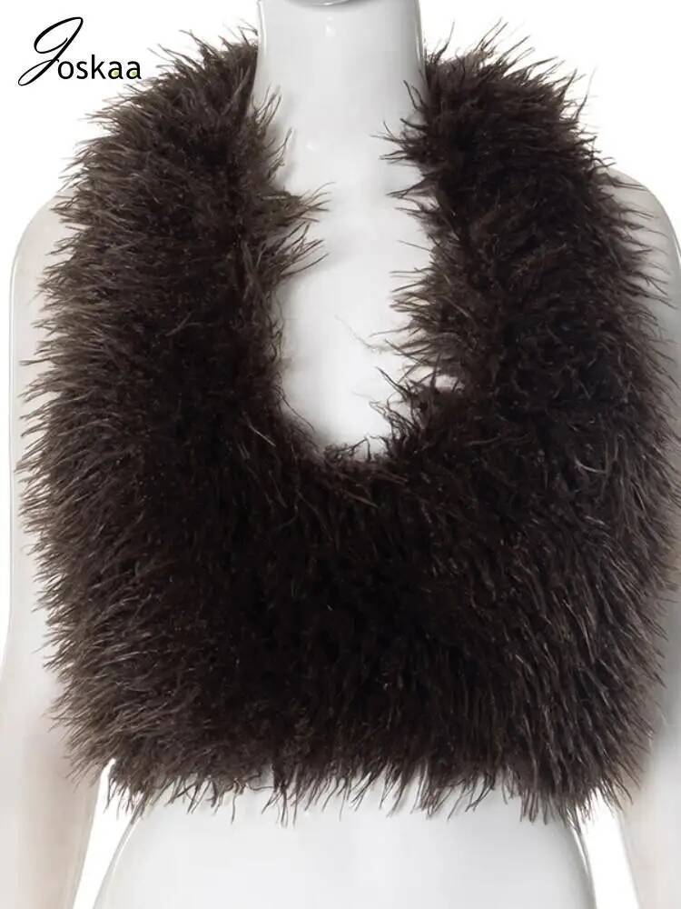 Joskaa Sexy Faux Fur Waistcoat Women Furry Backless Bandage Halter Crop Vests Coat 2025 Fashion Warm Outerwear Y2K Streetwear dongdumaoyi