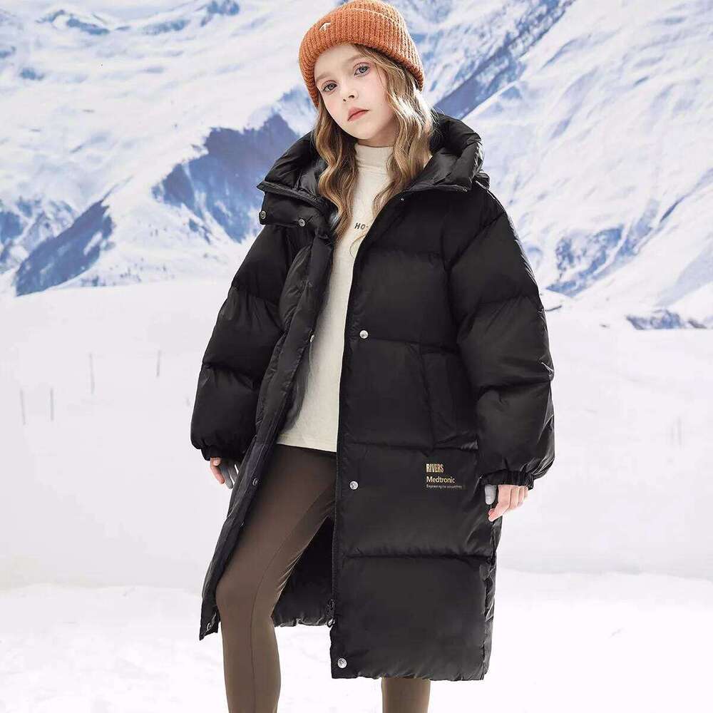 Winter Warm Girls Stylish Gold Letters Long Hooded Zip Puffer Jackets School Kids Thick Coats Children Outfit Windbreaker 4-16Yr