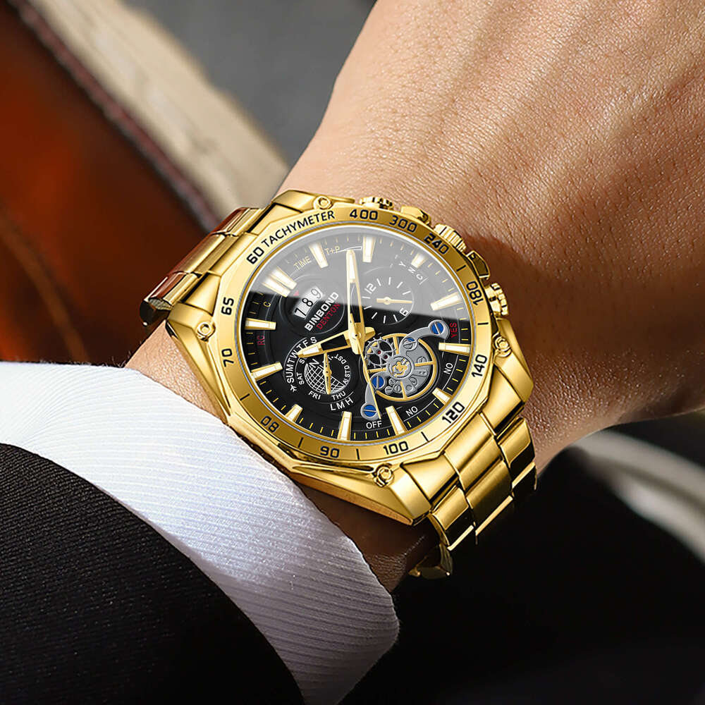 Luminous Trendy Student Men's Tourbillon Gift Steel Band Three Eyes Six Hands Decorative Watch