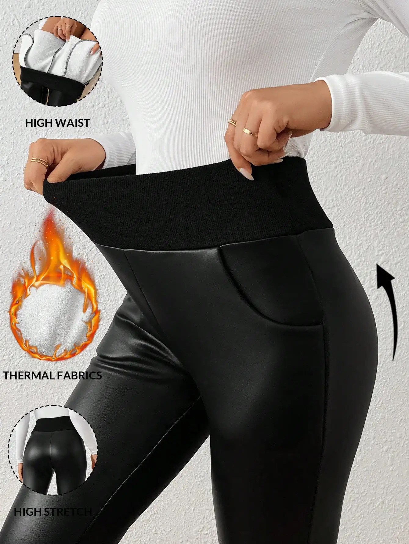 Womens Fashion Casual Knitted Fleece Lined Leggings Black Simple Versatile Slimming Warm Base Pants 251018