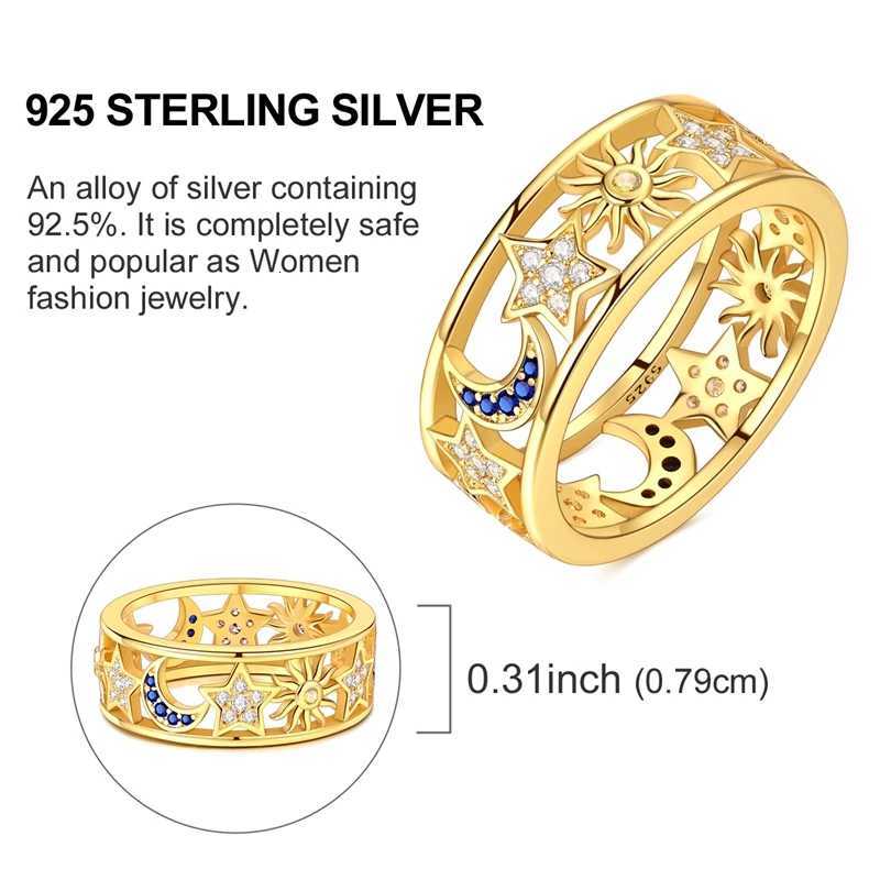 925 Sterling Silver Rings Gold Color Sun Moon Stars Sparking Wedding Ring Certified Women Engagement Jewelry Anniversary GiftsXJ251025
