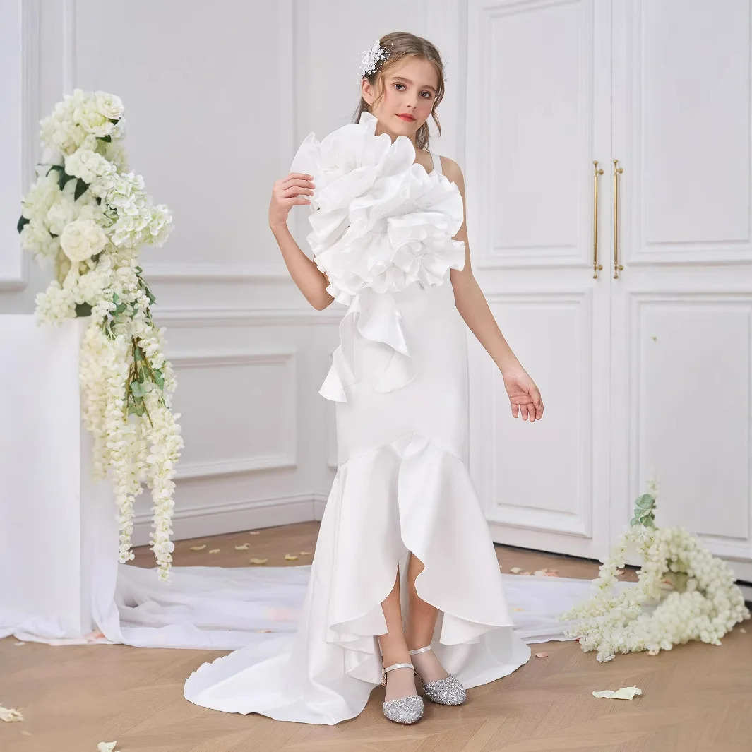White Satin Princess Dress with Bow Asymmetrical Mermaid Gown with Ruffle Bustier for Flower Girls Banquets and Birthday Parties 251023
