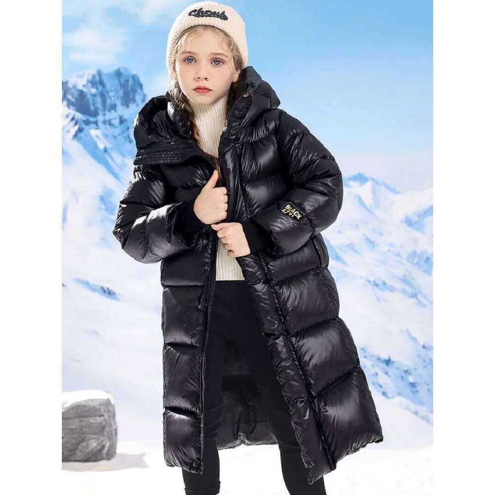 Winter Warm Girls Black X-Long Hooded Full Zipper Puffer Jackets School Kids Thick Snow Coat Children Outfit Windbreaker 5-16 Yr