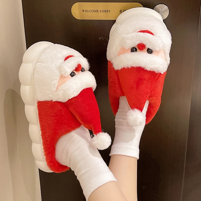 Thick Sole Fluffy Christmas Slippers Women Autumn Winter Thicken Plush Warm Cotton Slippers Woman Anti Slip Home Plush Slides251020