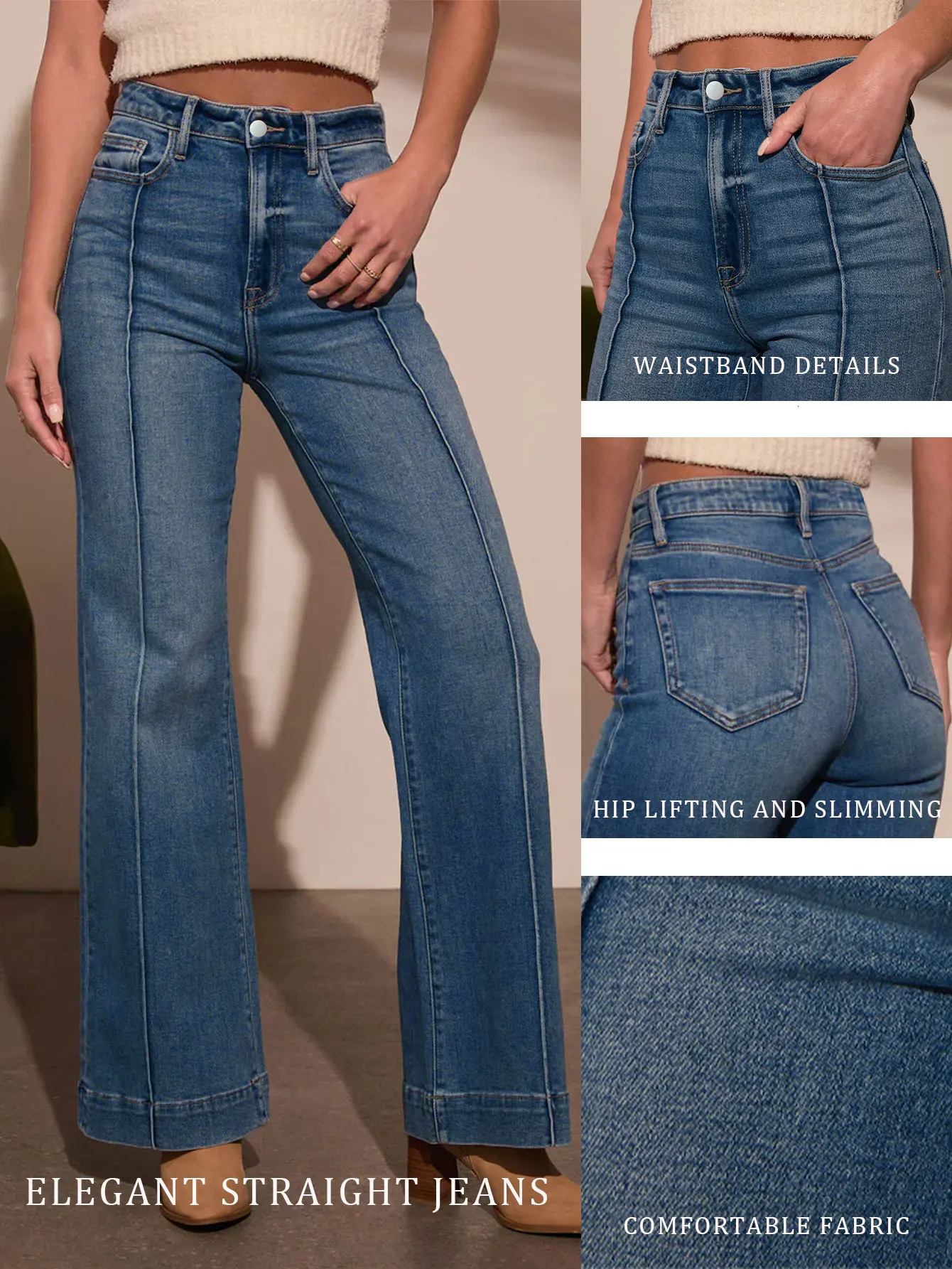 Autumn womens dark blue high waist straight jeans slim fit wide leg version stretch denim fabric elegant intellectual jeans 251023