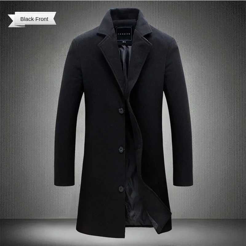 2024 Spring Autumn New Long Cotton Coat New Wool Blend Pure Color Casual Business Fashion Mens Clothing Slim Windbreaker Jacket J251115