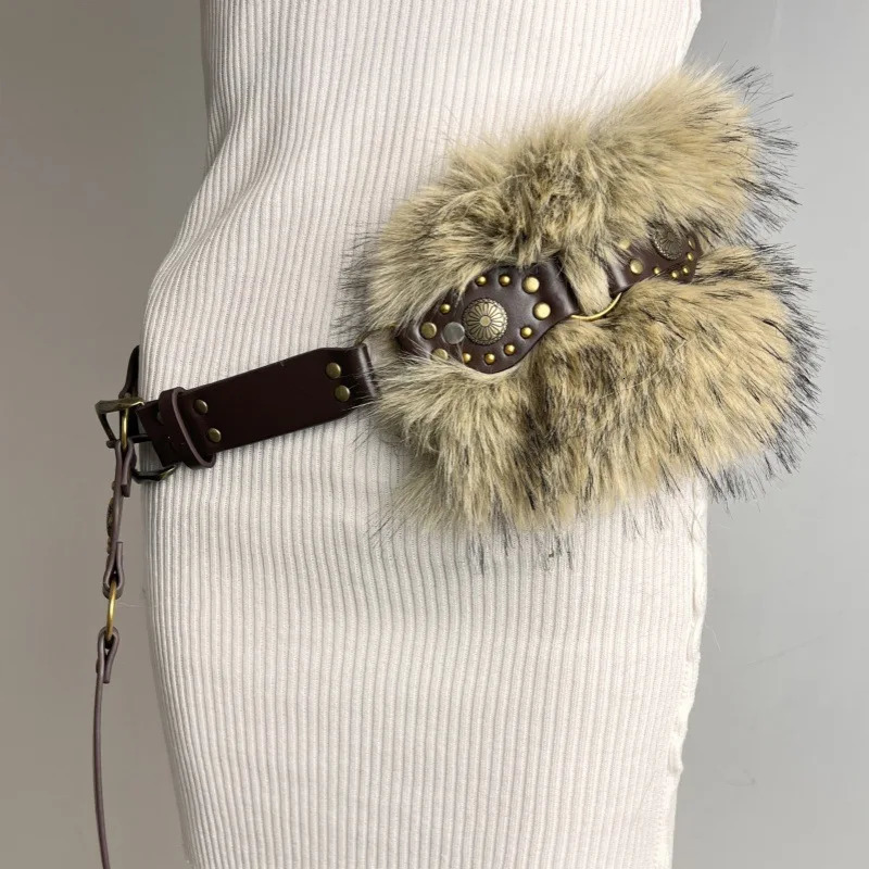 Punk PU Studded Fur Belt Y2k Vintage Faux Fur Rhinestone Patchwork Belt Metal Plush Waist Chain Furry Waistband Jeans Belts 251024
