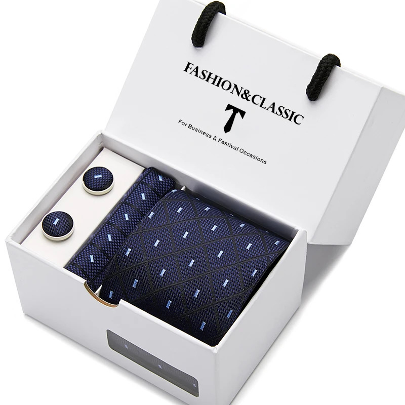 Top Grade Fashion Blue Dot Tie Pocket Square Cufflinks Set For Men Gift Box Wedding Gravatas Fit Formal Party 251023