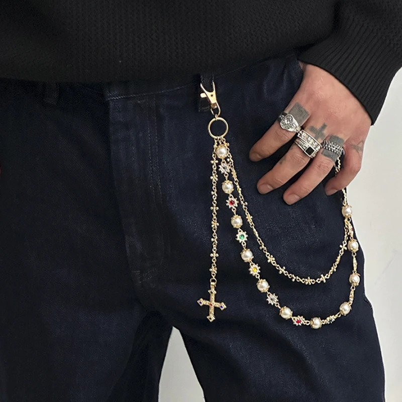 IEFB Hip Hop Pearl Flower Jeans Chain Male Female Waist Chains Double Belt Laps Clothing Accessories Rock Trend 9X103 251023