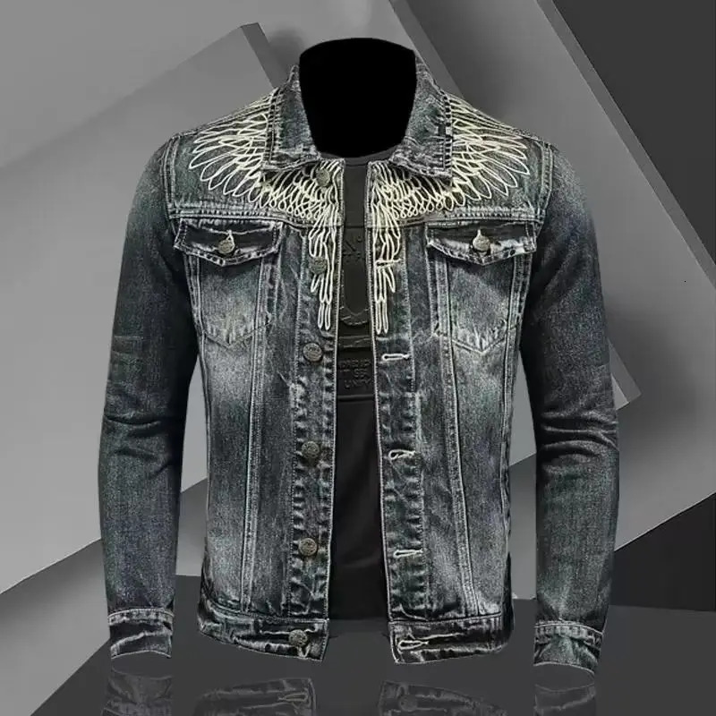 Mens retro denim jacket high street trendy embroidered lapel motorcycle loose casual fashion versatile mens clothing 251017