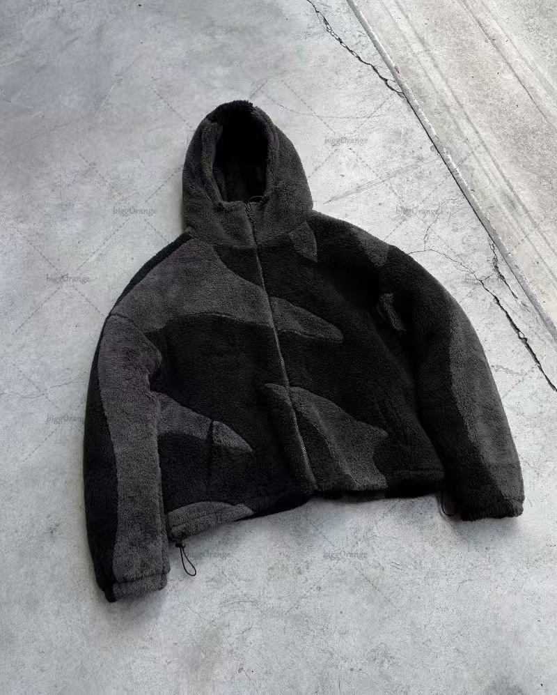 Designer Y2K European and American lambswool splicing cardigan zipper hooded street jacket for men and women