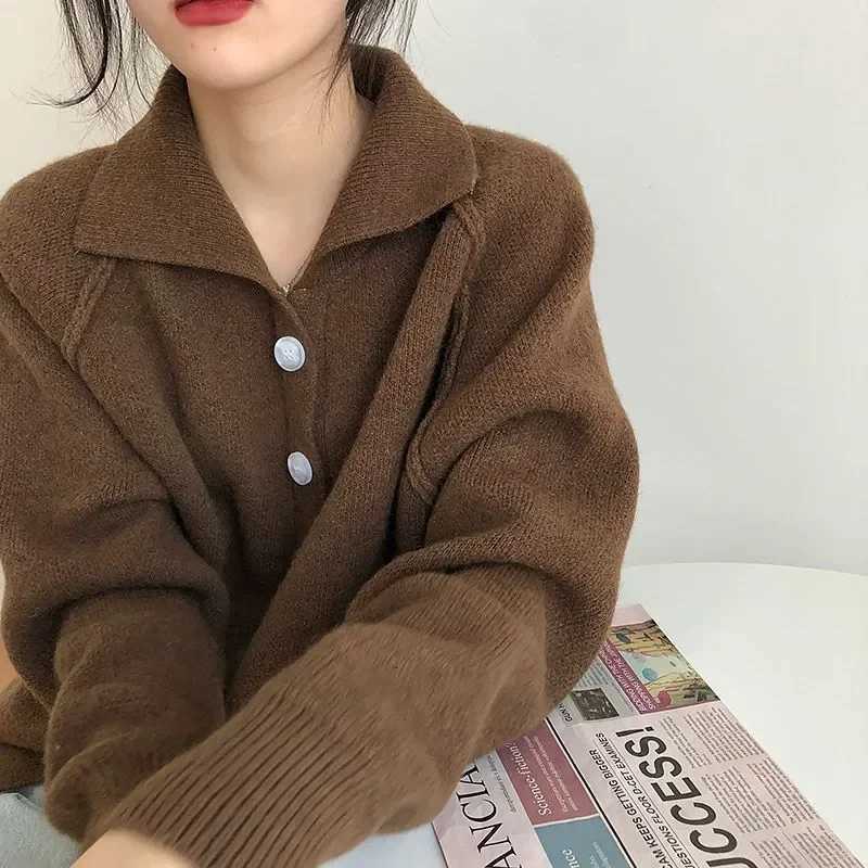 Women Clothing Autumn Winter Fashion Korean Button Solid Color Turndown Collar Knitting Female Temperament Sweater Cardigan CoaT251025