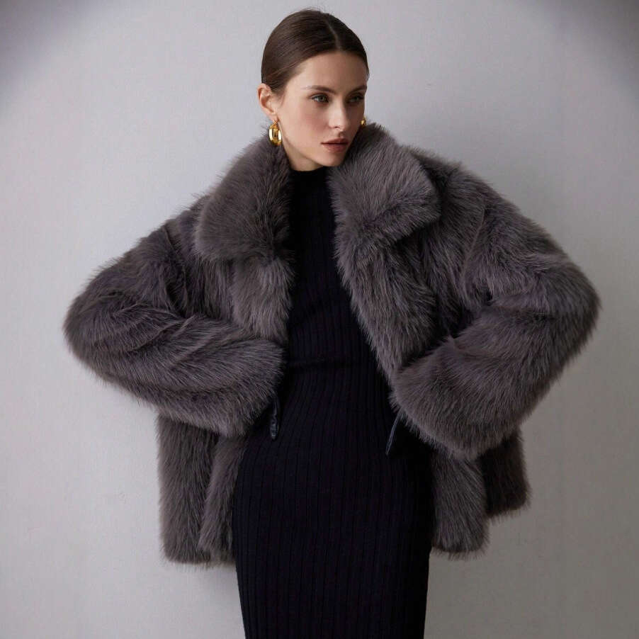 Autumn and Winter Color Faux Solid Fur Coat Women's Overcoat