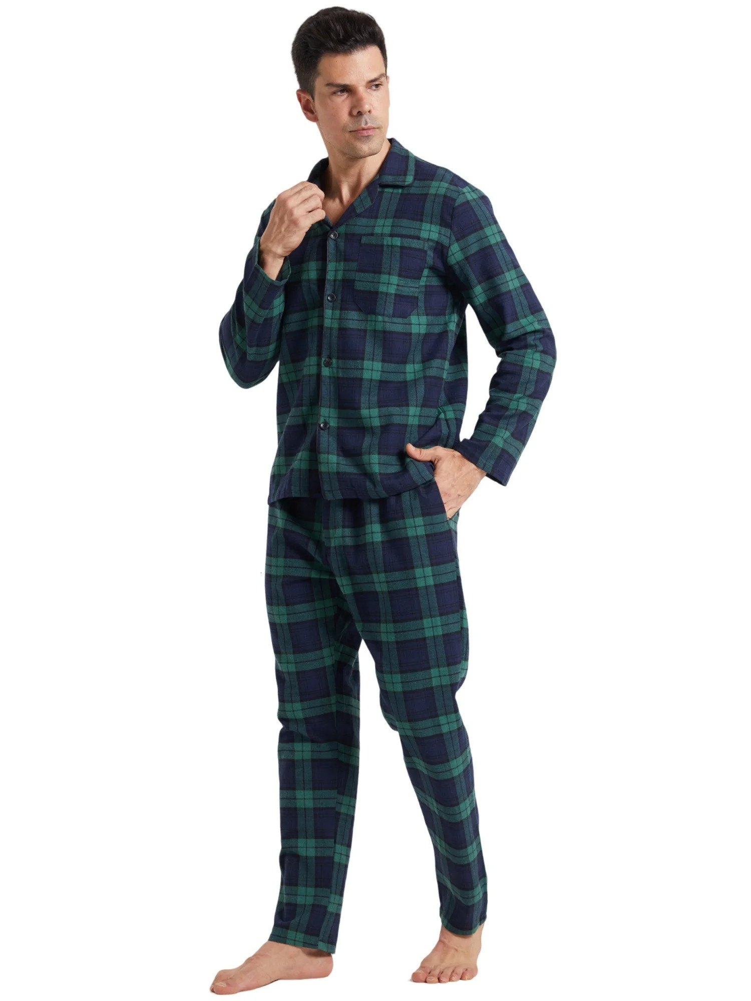 Mens Flannel Pajamas Set Plaid Cotton ButtonDown Sleepwear Warm Soft Lounge Pjs for Comfortable Nightwear 251021