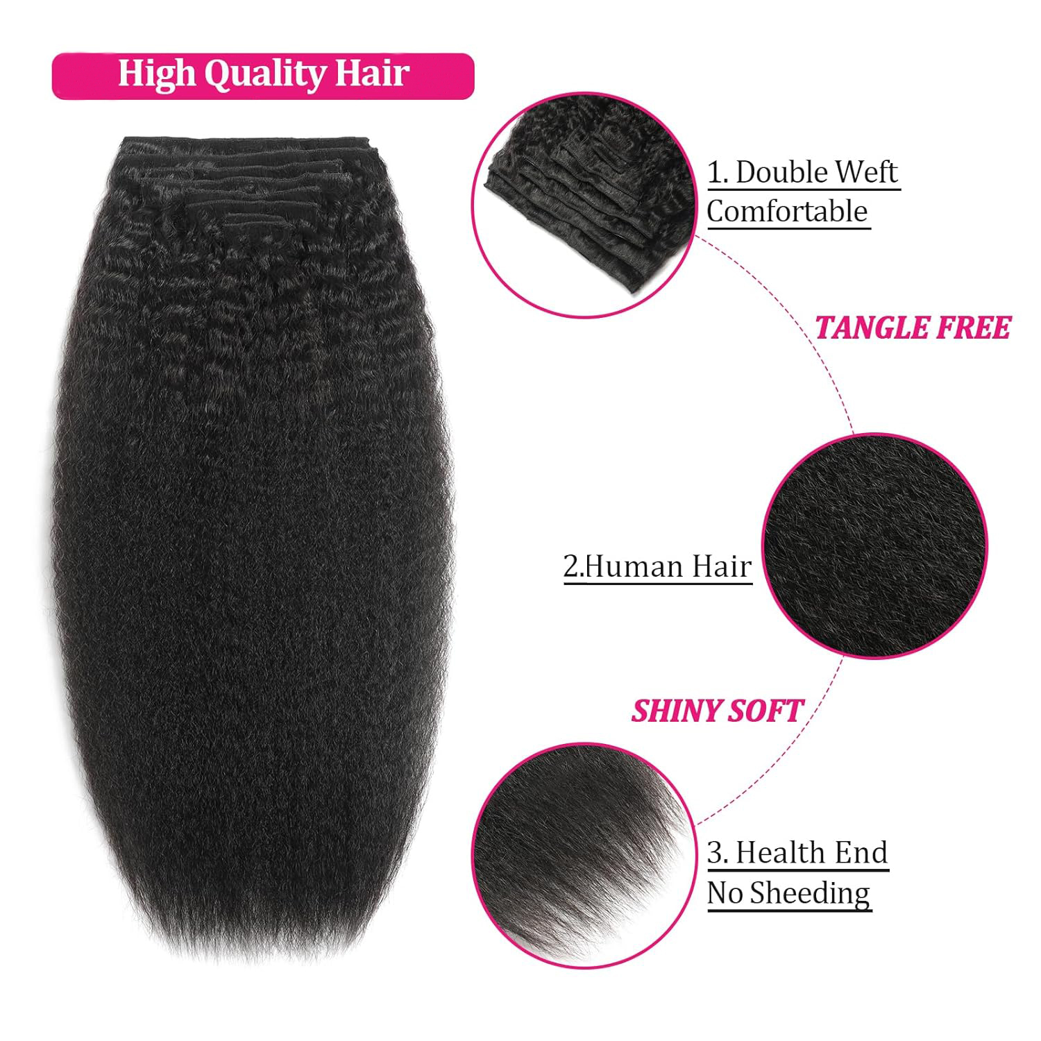 Kinky Straight Clip Ins Human Hair Double Weft 8-30 Inch 90-150g 8pcs Natural Black Real Hair