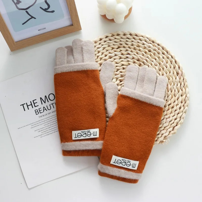 Thickened Leaky Finger Korean Style Ladies DualUse Color Matching Knitted Fashion Touch Screen Finger Knitting Wool Gloves 251023