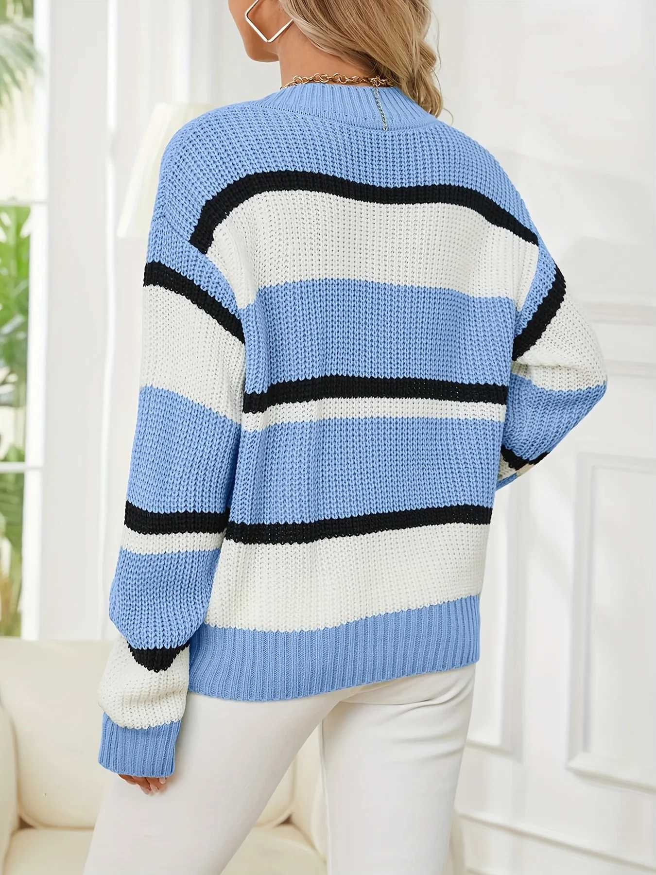 New Stylish Elegant Simple Everyday Casual Versatile Striped Pattern VNeck LongSleeve Womens Knitted Sweater PulloverT251025