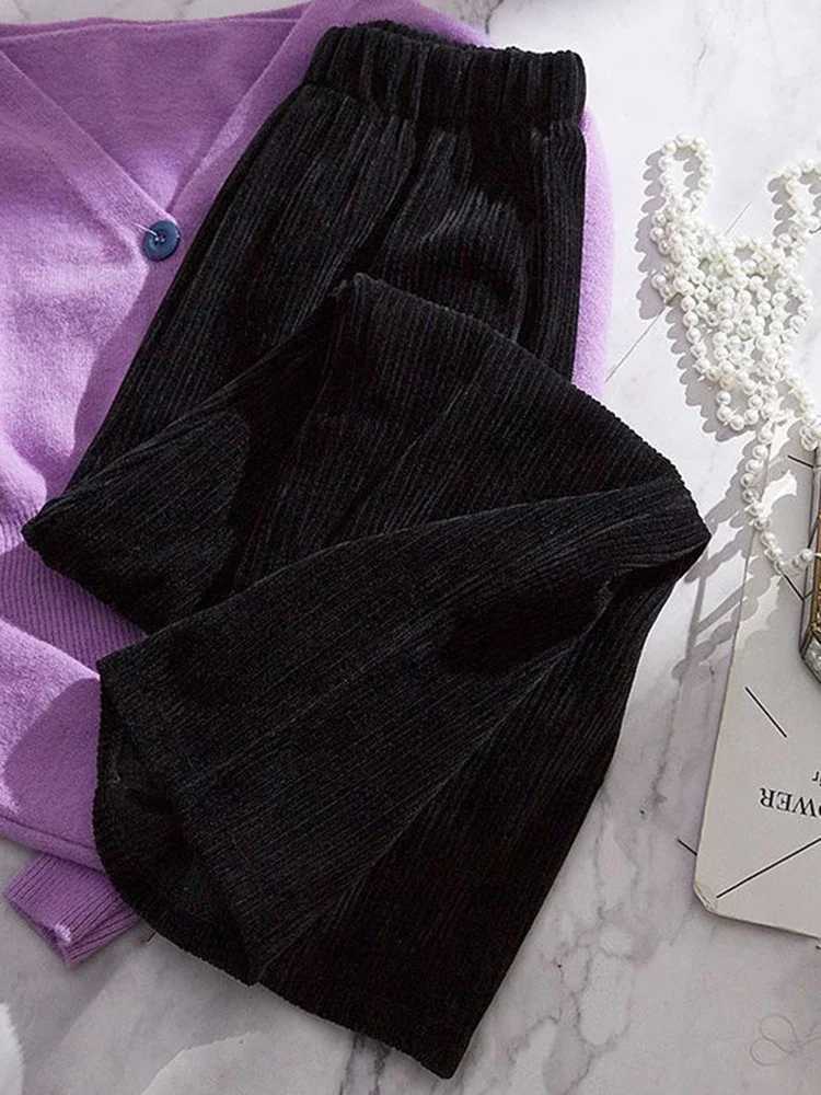 Winter Thicken Velvet Wide Leg Pants Solid Womens Snow Wear Pantalone Korean Fashion Plush Thick Elastic High Waist Spodnie NewT251025