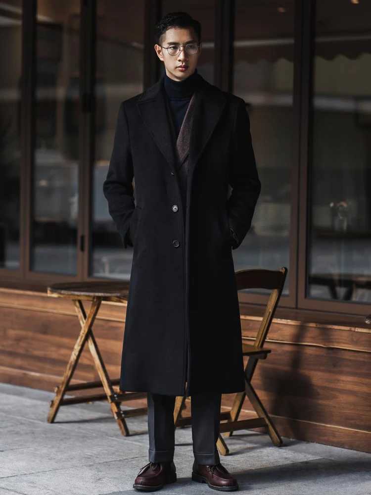 Mauroicardi Autumn Winter Long Warm Black Trench Coat Men Single Breasted Luxury Wool Blends Overcoat 2022 High Quality ClothingT251025
