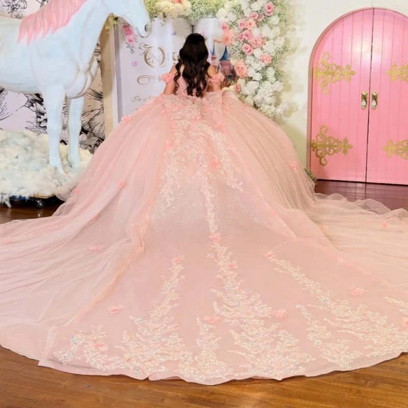 Pink Quinceanera Dresses Ball Gown Off The Shoulder Applique Beads Tull Party Birthday Sweet 16 Dress Vestidos 15 de anos