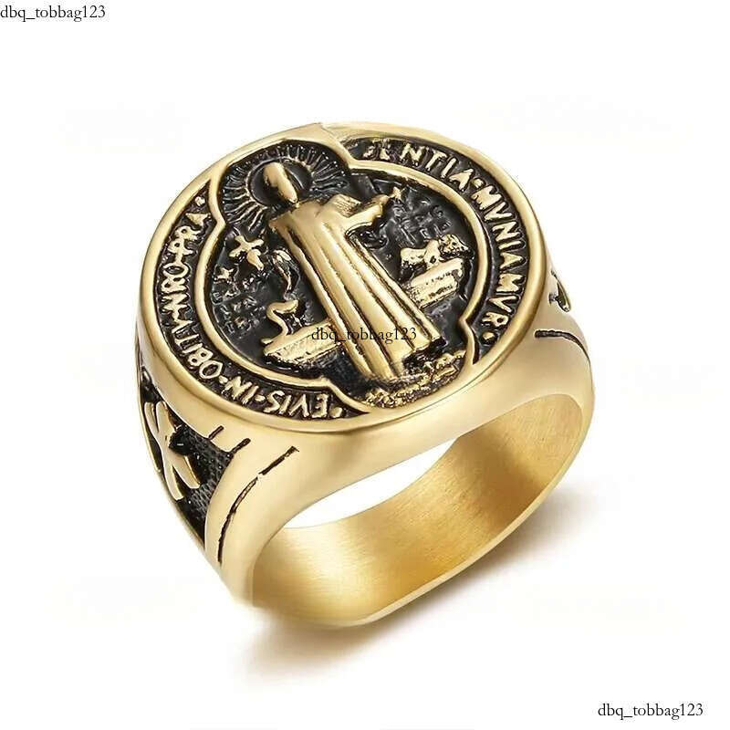 Titanium Steel Catholic Patron Saint St Benedict of Nursia Holy Medal Cross Round Finger Rings for Men Punk Jewelry