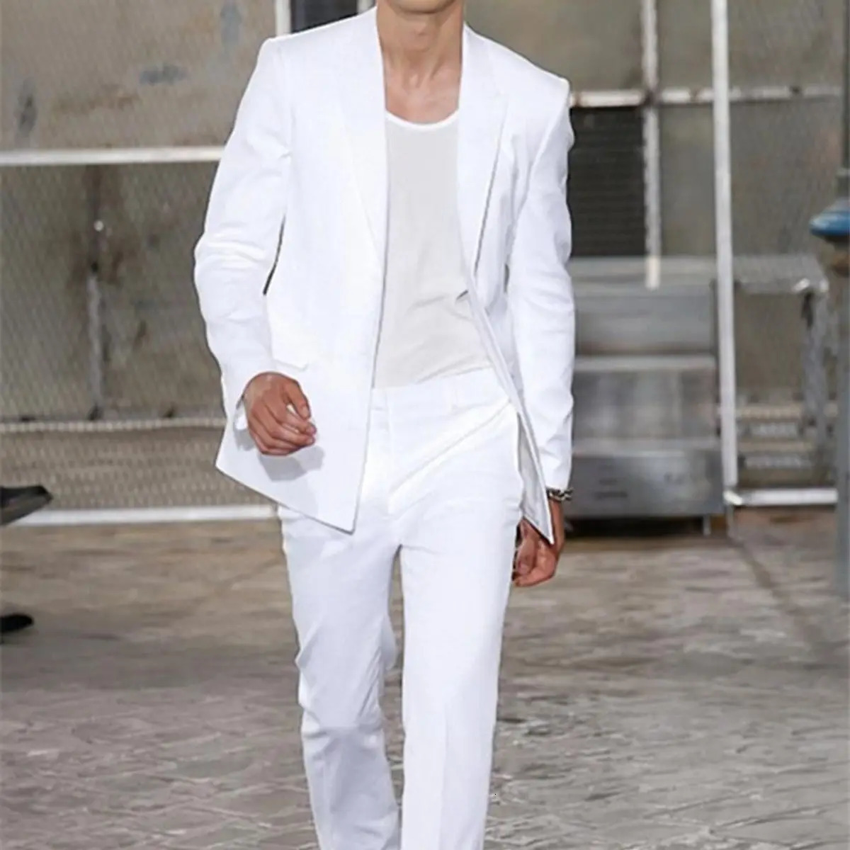 Summer Long Jacket White Trousers Groom Tuxedos Wedding Suits for Men Peaked Lapel Man Blazers 2 Pieces Coat Pants Prom 251020