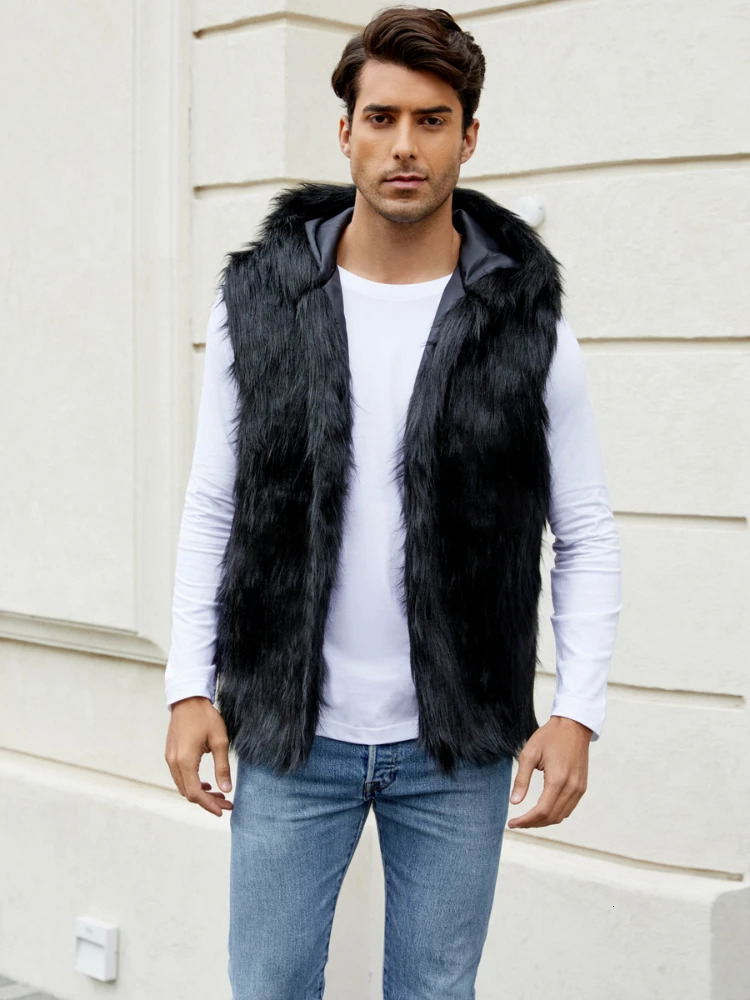 Men Hooded Vest V Neck Faux Fur Jackets Sleeveless Elegant Splice Vests Cardigan Hoodies Casual High Street Autumn Winter 251020