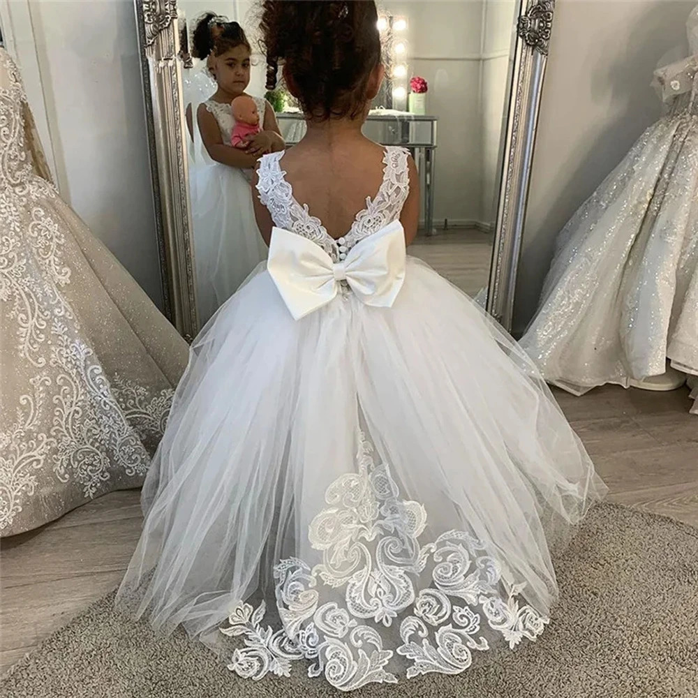 White Bridesmaid Dress For Girls Lace Big Bow Flower Girl Dresses Ball Gown Kids Wedding Party Pageant First Communion Gown 251023