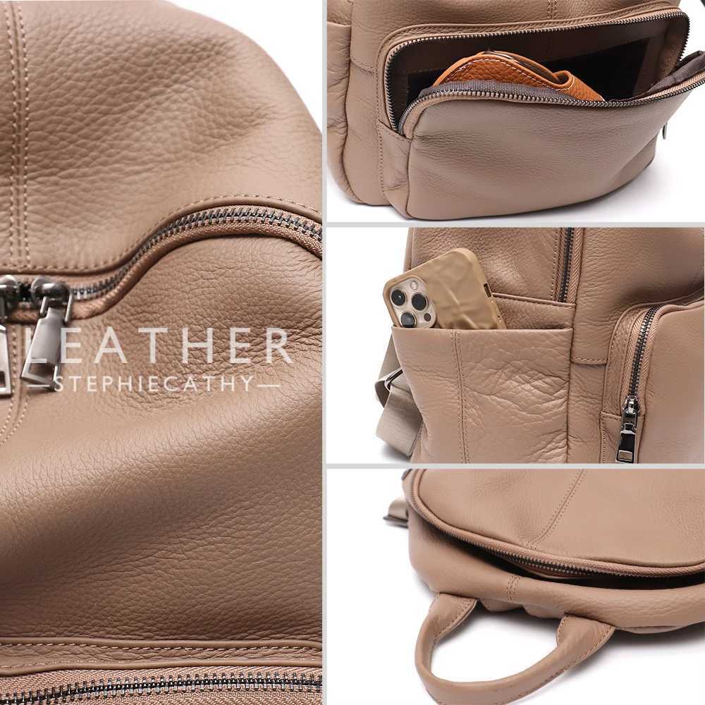 Fashionable Soft Real Cowhide Backpack Women Men Multi Zip Pockets Solid Color Versatile Daily Casual Spacious Knapsack Travel W251025